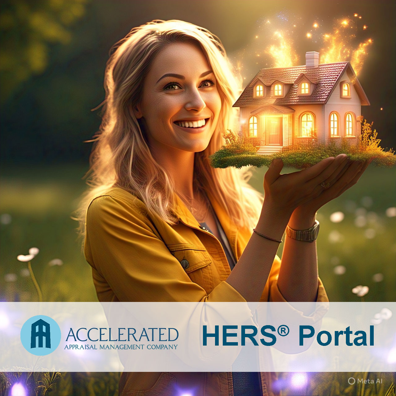 Woman holding a glowing house - HERS Rating visualization